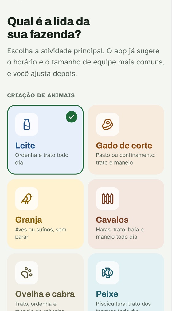 Tela de escolher a lida: leite, gado de corte, granja, cavalos e outras