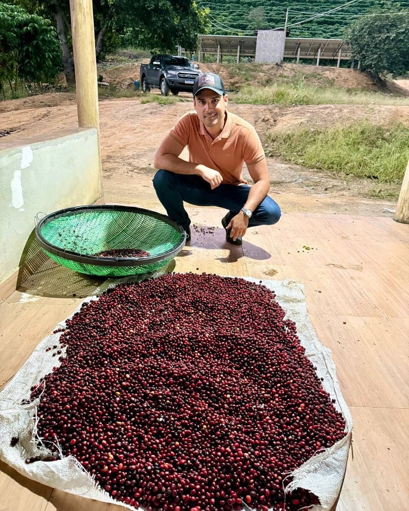 Stéfano Ferreira na colheita de café da fazenda
